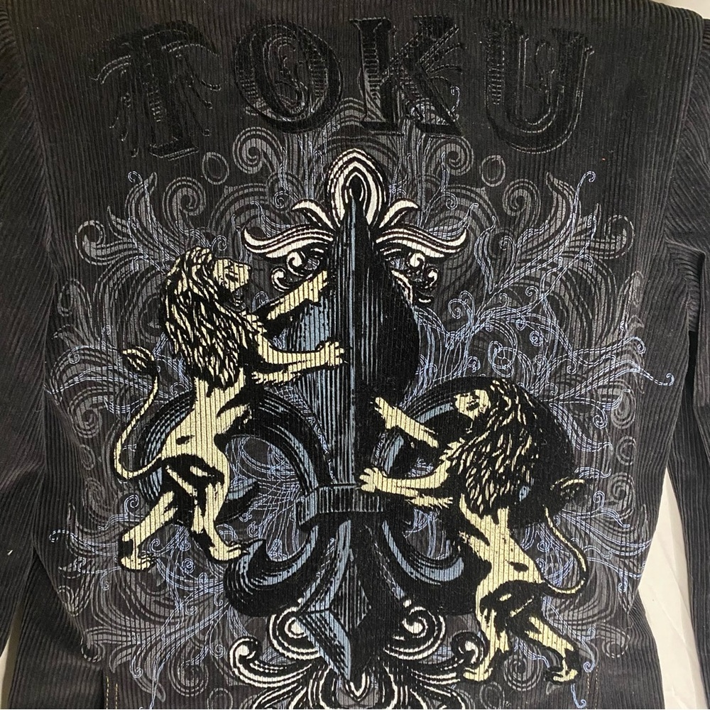 Toku Black Corduroy Hooded Jacket Coat Satin Dragon Liner Painted Lions Mens S‎ - Picture 4 of 12